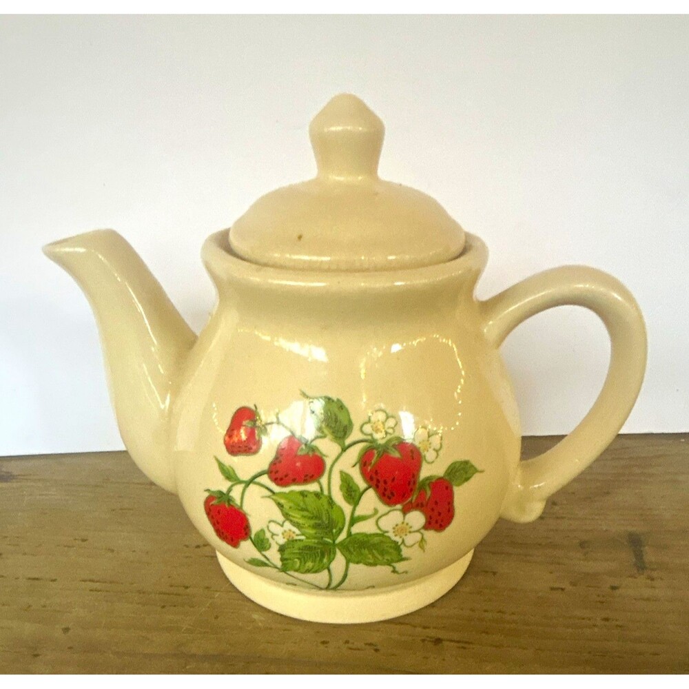 Vintage Strawberry Ceramic Teapot Retro Cottagecore Kitchen Decor Made in Taiwan
